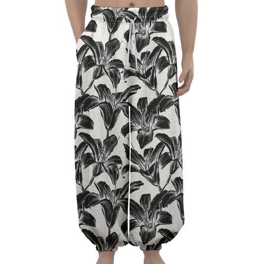 White And Black Lily Pattern Print Lantern Pants