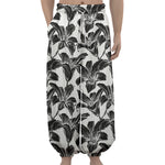 White And Black Lily Pattern Print Lantern Pants