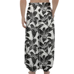 White And Black Lily Pattern Print Lantern Pants