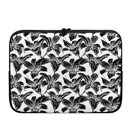 White And Black Lily Pattern Print Laptop Sleeve