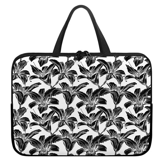 White And Black Lily Pattern Print Laptop Sleeve With Handle