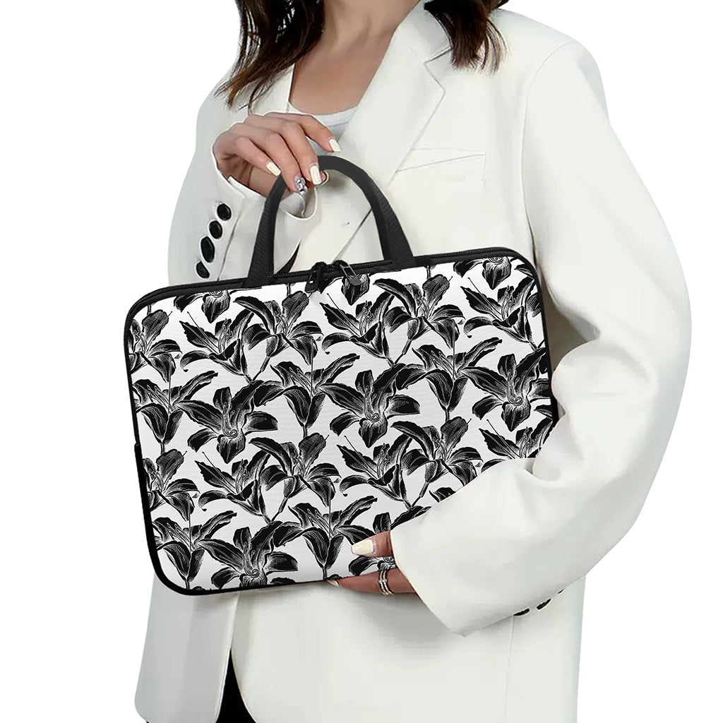 White And Black Lily Pattern Print Laptop Sleeve With Handle