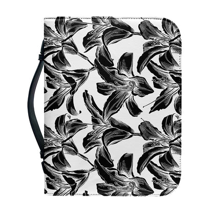 White And Black Lily Pattern Print Leather Bible Cover