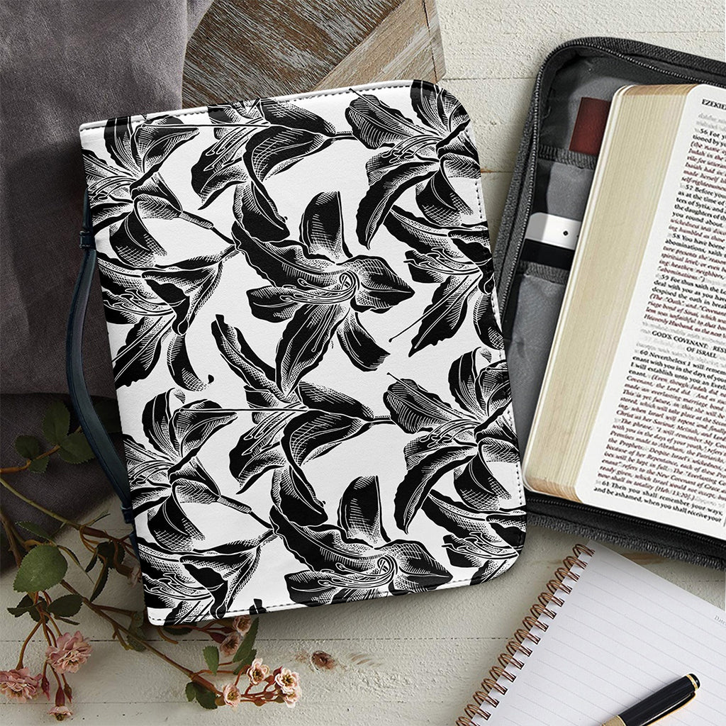 White And Black Lily Pattern Print Leather Bible Cover