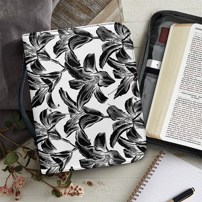 White And Black Lily Pattern Print Leather Bible Cover