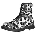 White And Black Lily Pattern Print Lace-Up Boots