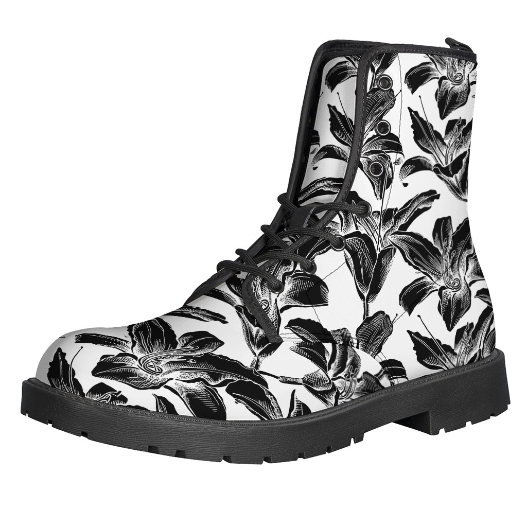 White And Black Lily Pattern Print Backpack
