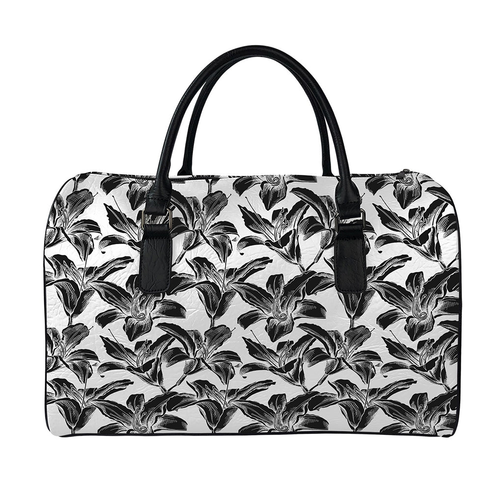 White And Black Lily Pattern Print Leather Duffle Bag