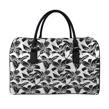 White And Black Lily Pattern Print Leather Duffle Bag