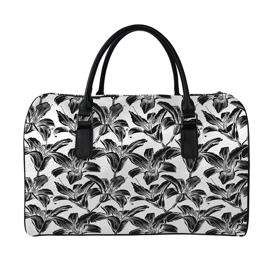 White And Black Lily Pattern Print Leather Duffle Bag
