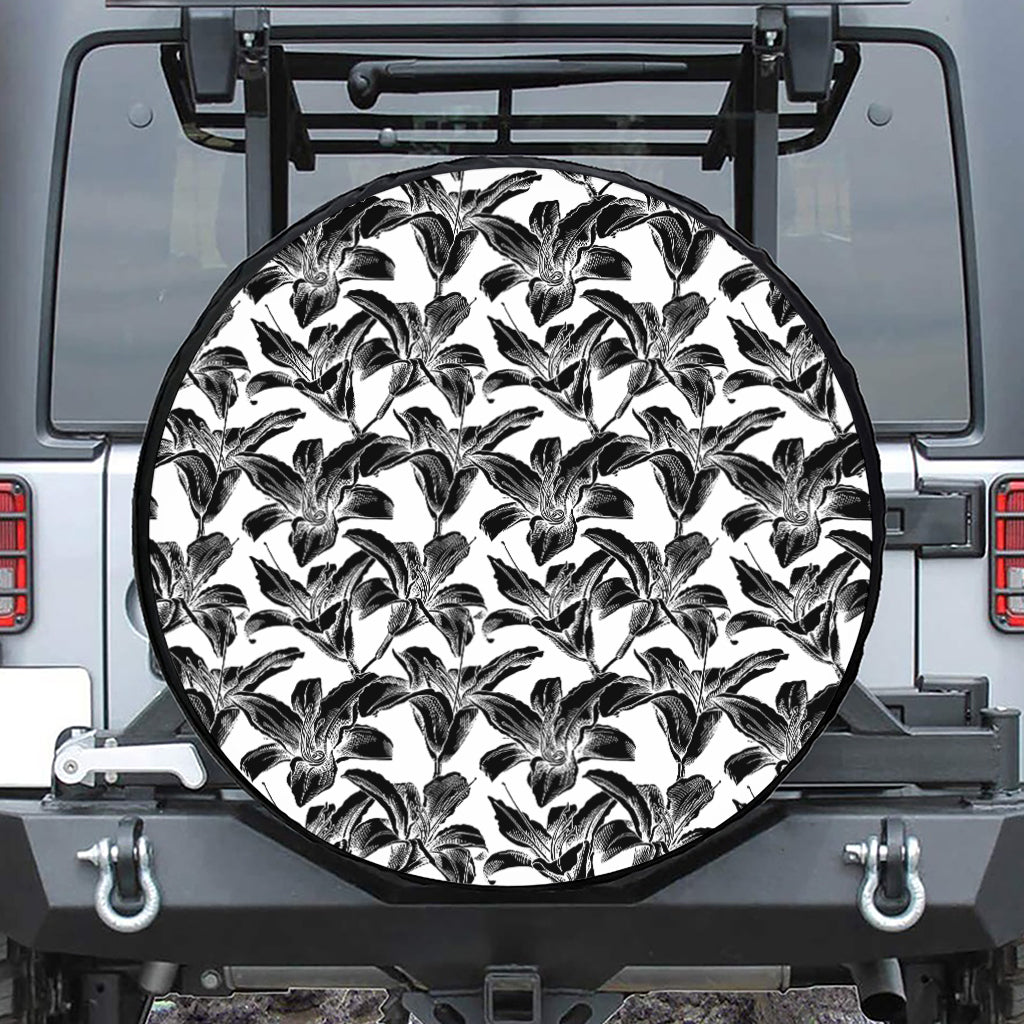 White And Black Lily Pattern Print Leather Spare Tire Cover