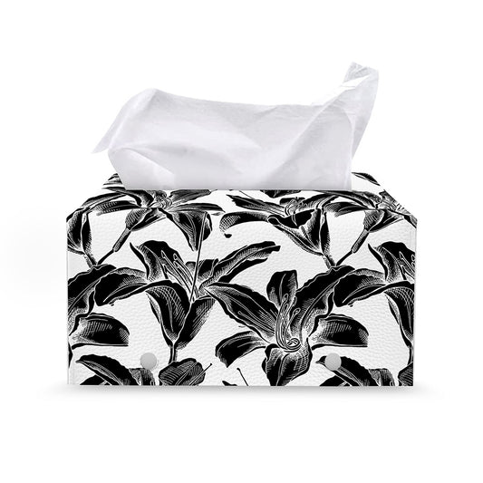 White And Black Lily Pattern Print Leather Tissue Box Cover
