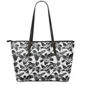 White And Black Lily Pattern Print Leather Tote Bag With Zipper