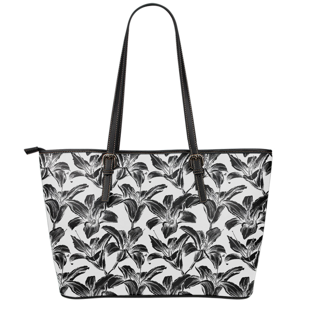 White And Black Lily Pattern Print Leather Tote Bag