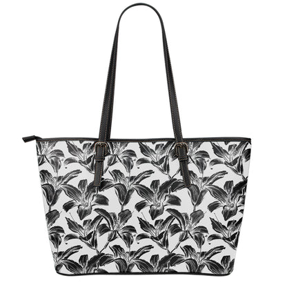 White And Black Lily Pattern Print Leather Tote Bag