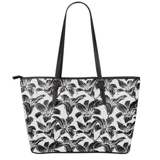 White And Black Lily Pattern Print Leather Tote Bag