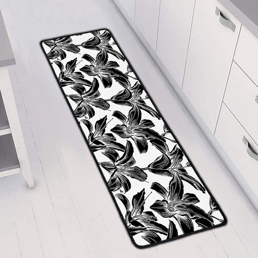 White And Black Lily Pattern Print Long Kitchen Mat