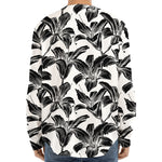 White And Black Lily Pattern Print Long Sleeve Baseball Jersey