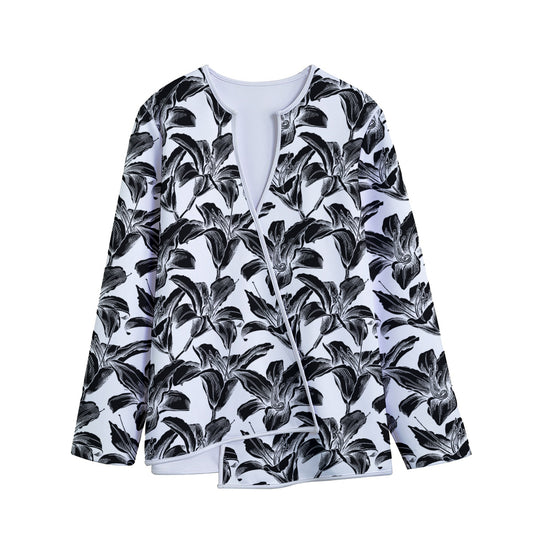 White And Black Lily Pattern Print Long Sleeve Short Coat