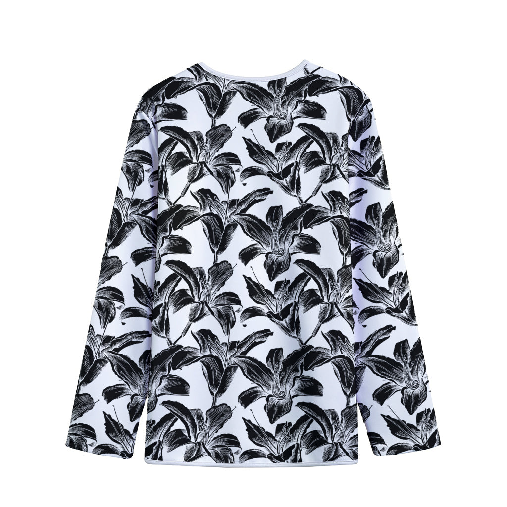 White And Black Lily Pattern Print Long Sleeve Short Coat