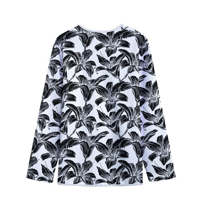 White And Black Lily Pattern Print Long Sleeve Short Coat