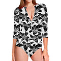 White And Black Lily Pattern Print Long Sleeve Swimsuit