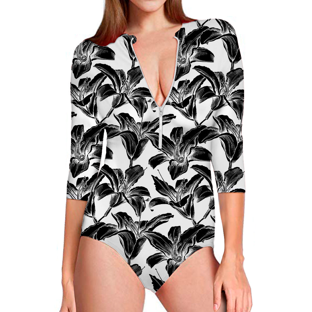 White And Black Lily Pattern Print Long Sleeve Swimsuit