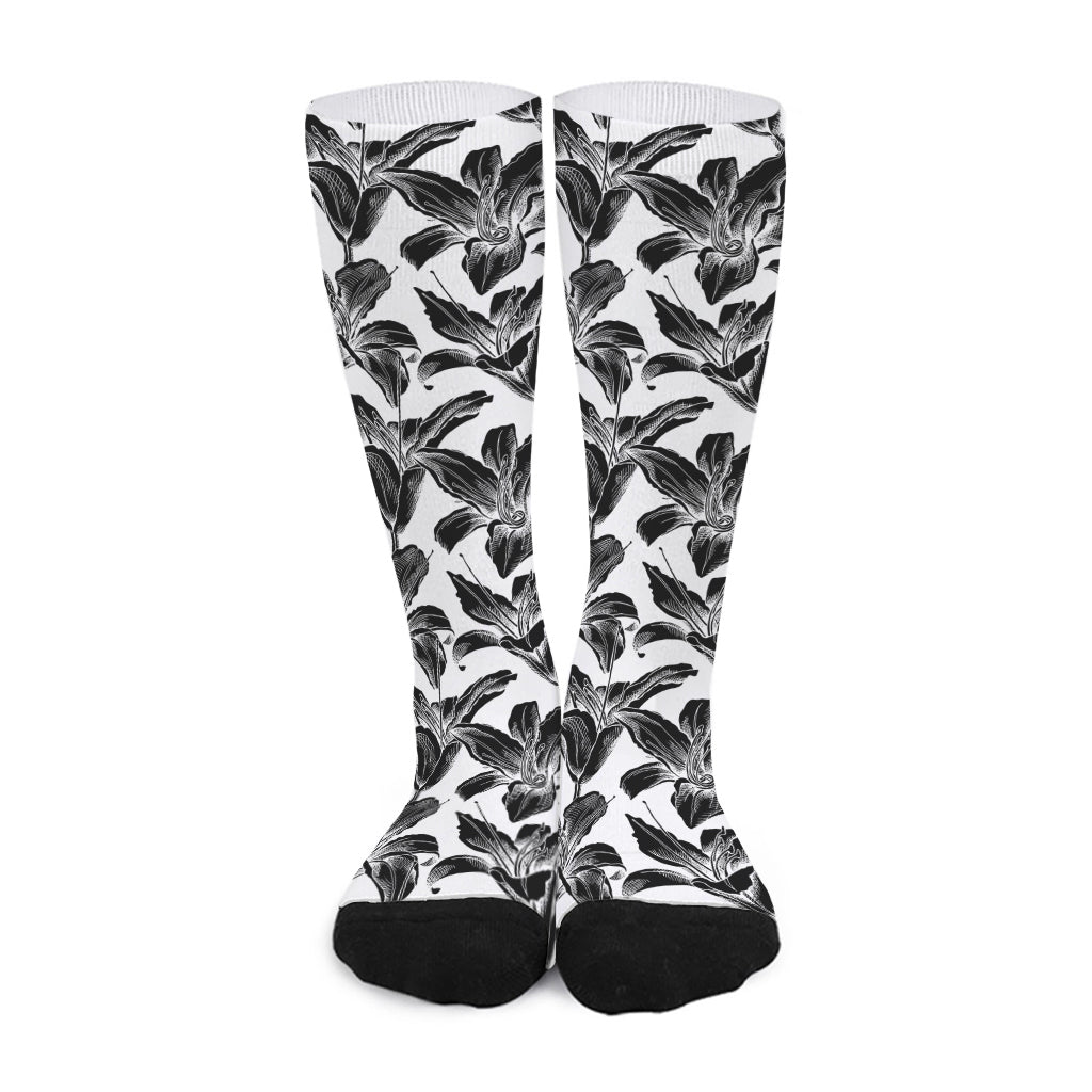 White And Black Lily Pattern Print Long Socks