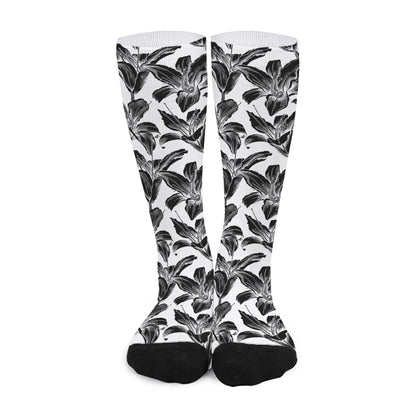 White And Black Lily Pattern Print Long Socks