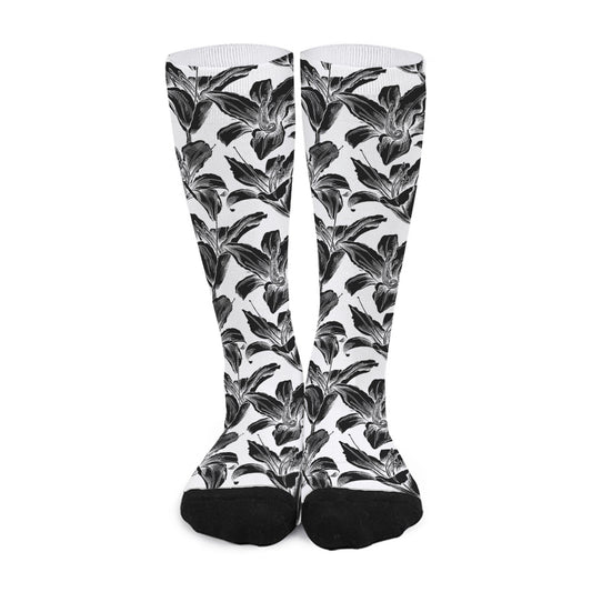 White And Black Lily Pattern Print Long Socks