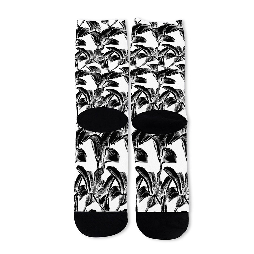 White And Black Lily Pattern Print Long Socks