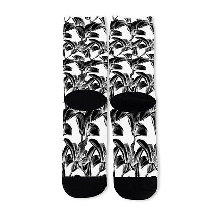 White And Black Lily Pattern Print Long Socks