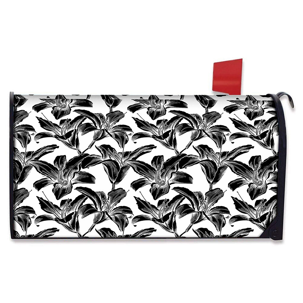 White And Black Lily Pattern Print Mailbox Cover