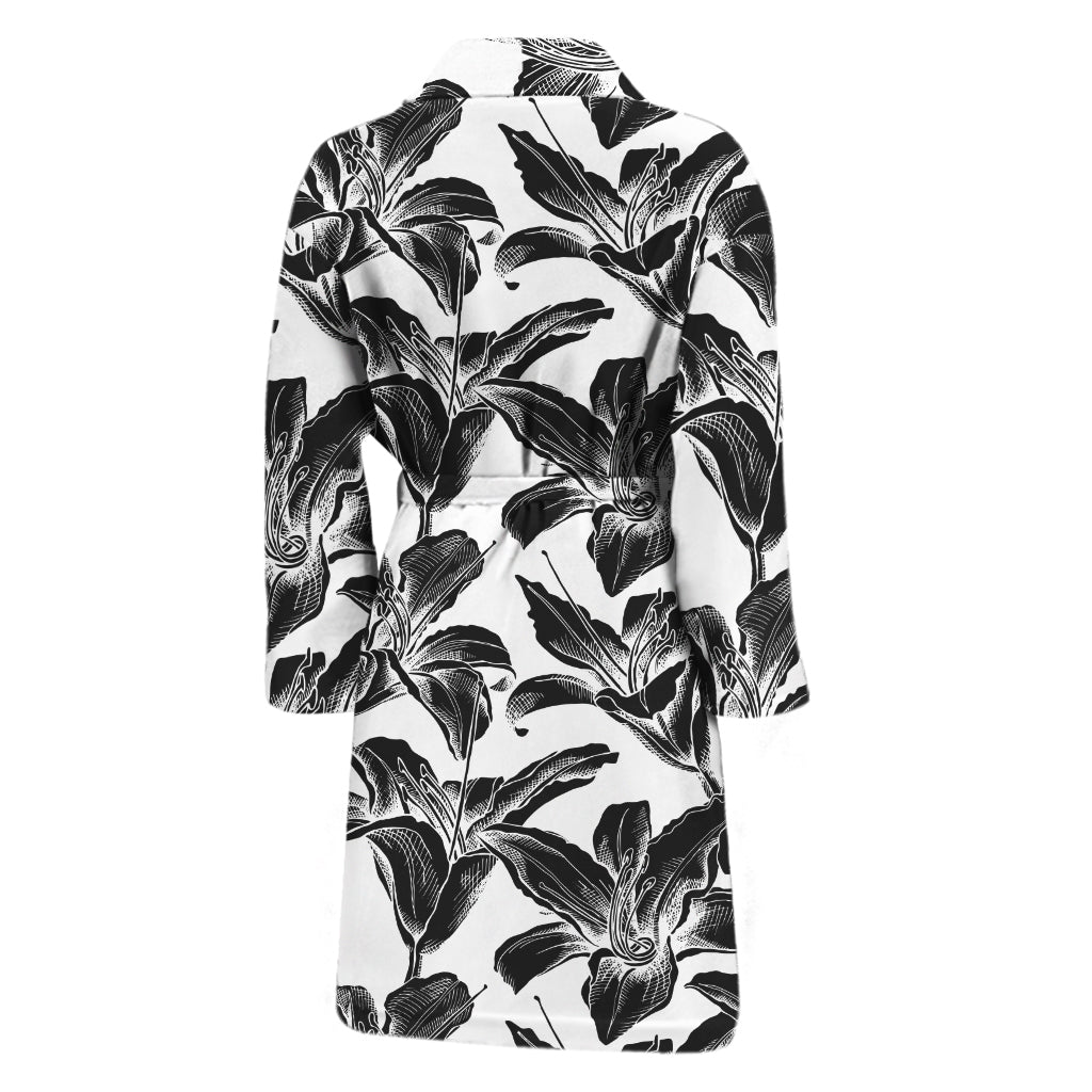 White And Black Lily Pattern Print Men's Bathrobe