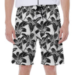 White And Black Lily Pattern Print Men's Beach Shorts