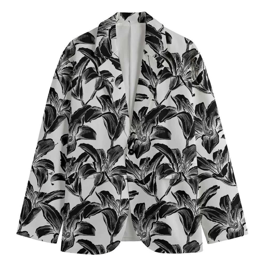 White And Black Lily Pattern Print Men's Blazer