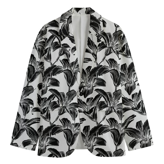 White And Black Lily Pattern Print Men's Blazer