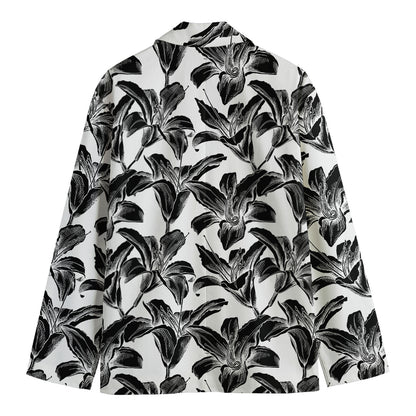White And Black Lily Pattern Print Men's Blazer