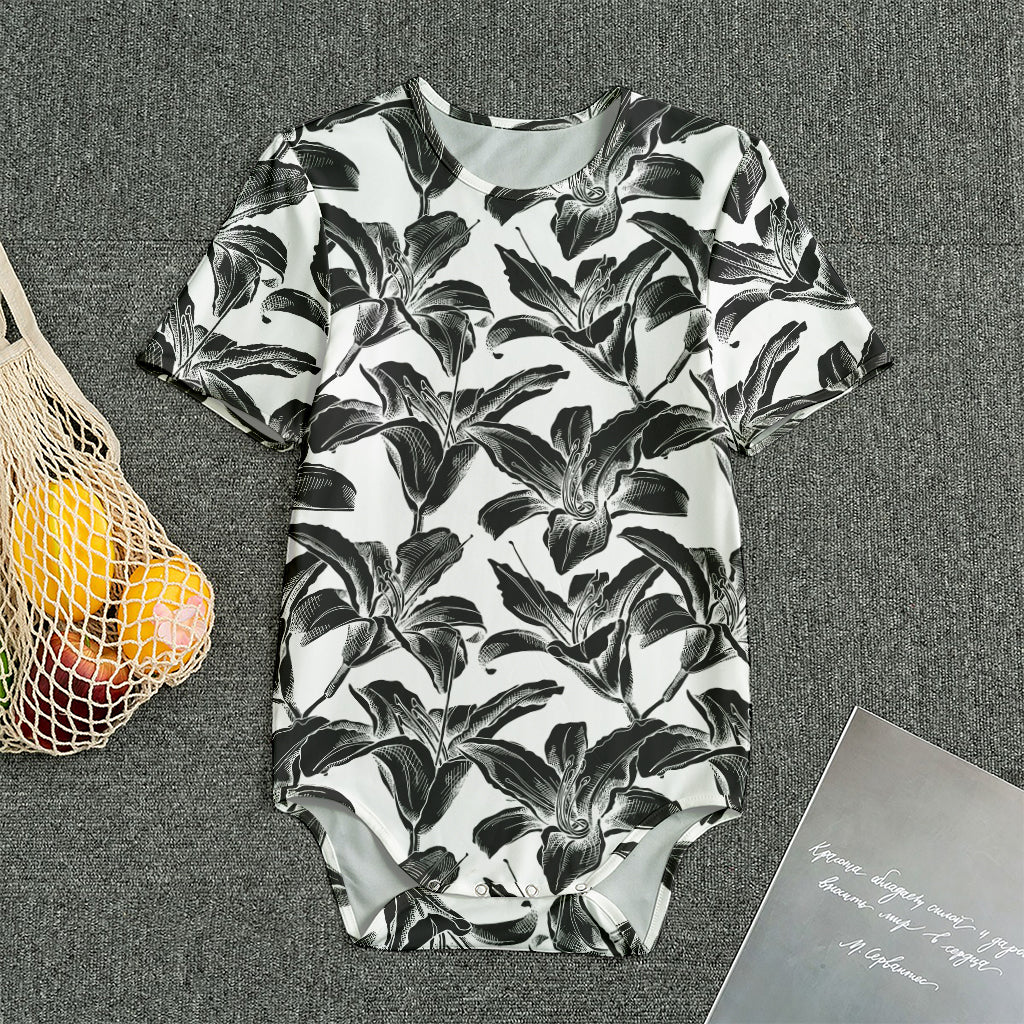 White And Black Lily Pattern Print Men's Bodysuit