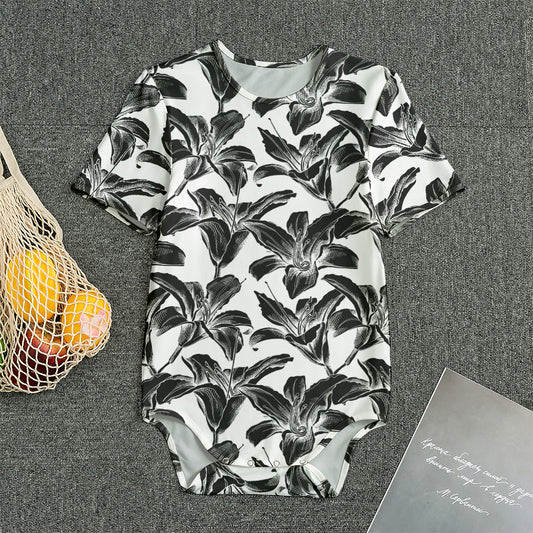 White And Black Lily Pattern Print Men's Bodysuit