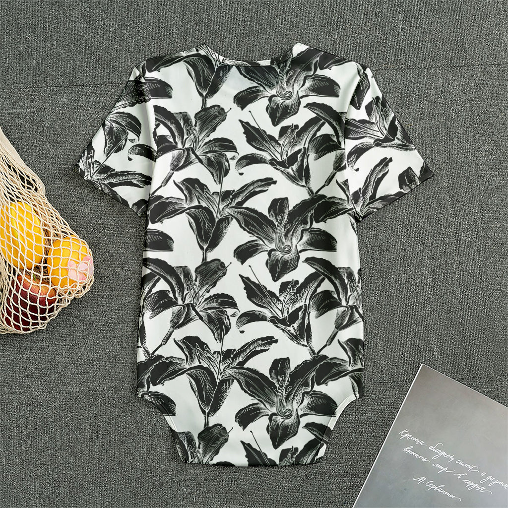 White And Black Lily Pattern Print Men's Bodysuit