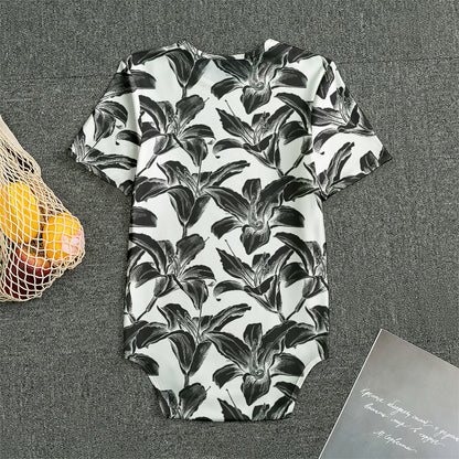 White And Black Lily Pattern Print Men's Bodysuit