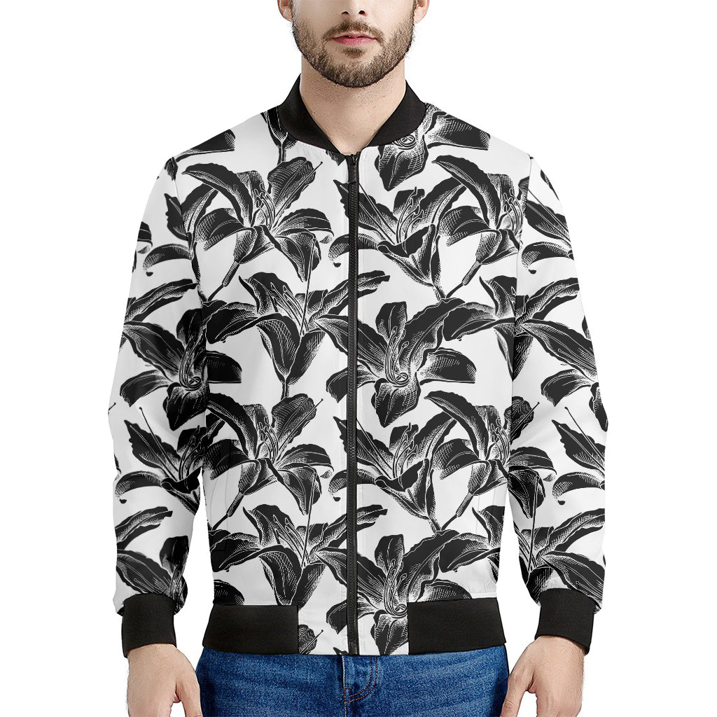 White And Black Lily Pattern Print Men's Bomber Jacket