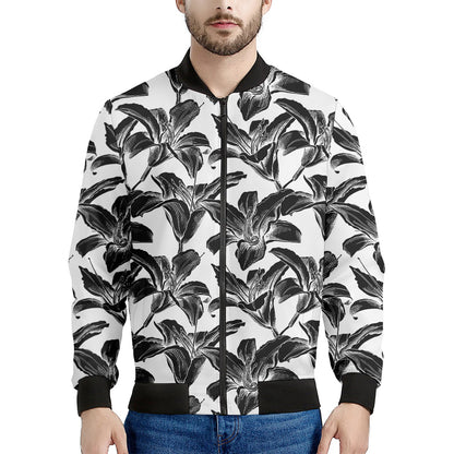 White And Black Lily Pattern Print Men's Bomber Jacket