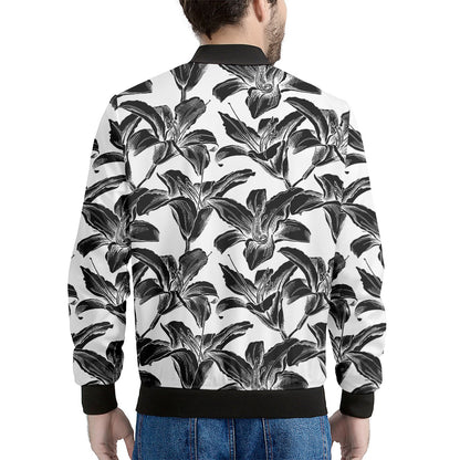 White And Black Lily Pattern Print Men's Bomber Jacket