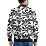 White And Black Lily Pattern Print Men's Bomber Jacket