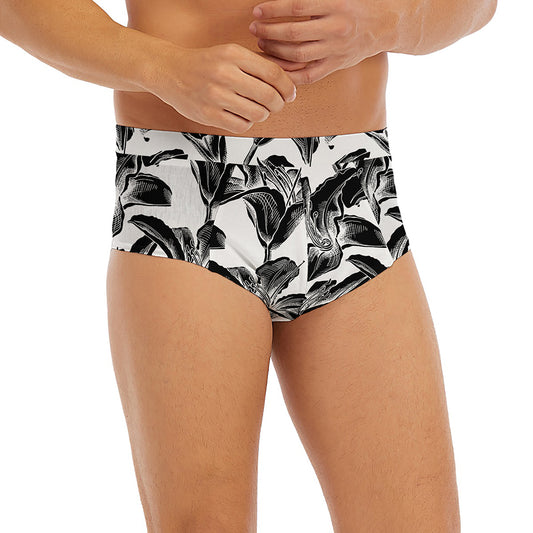 White And Black Lily Pattern Print Men's Briefs