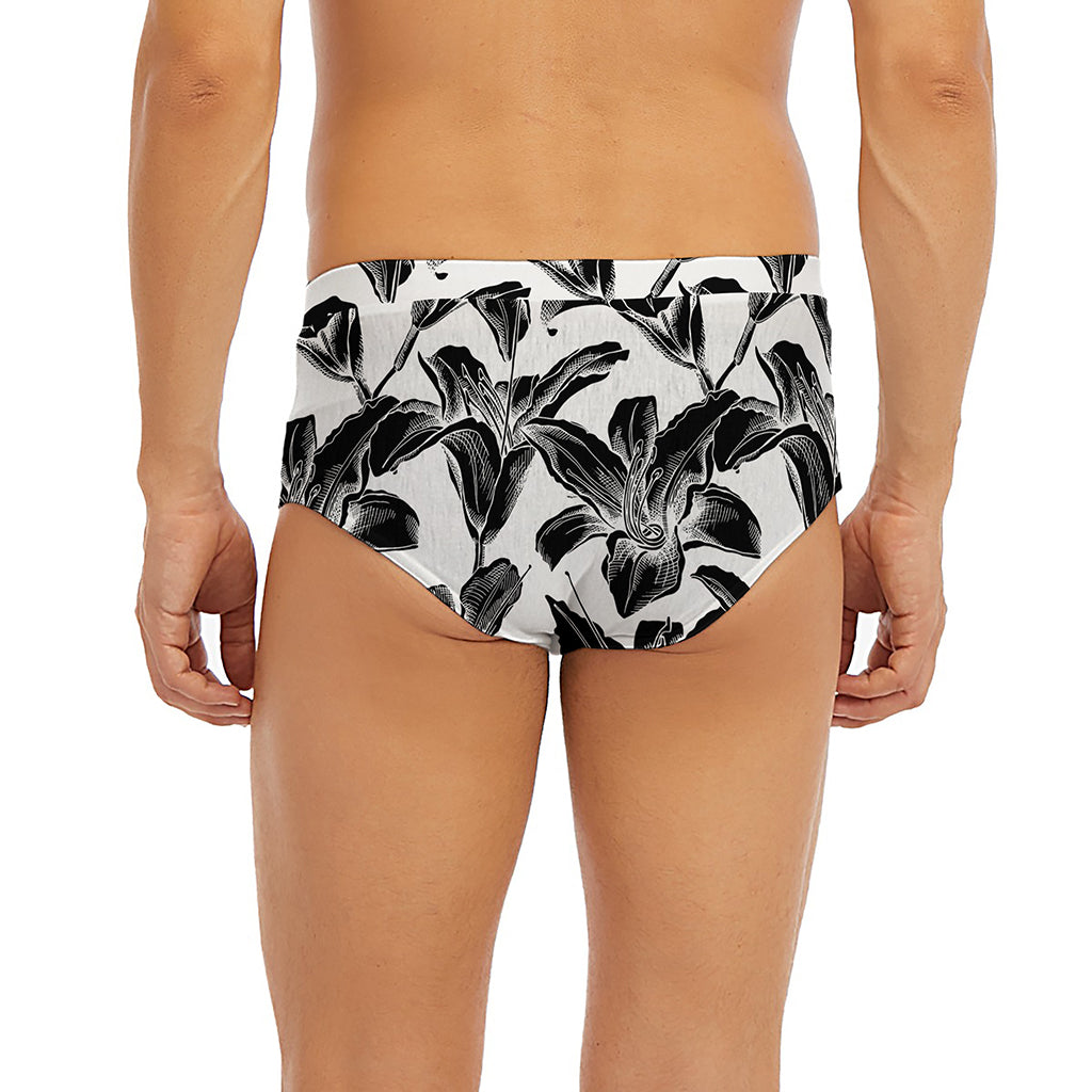 White And Black Lily Pattern Print Men's Briefs