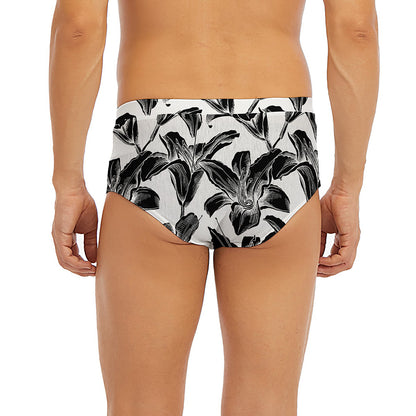 White And Black Lily Pattern Print Men's Briefs