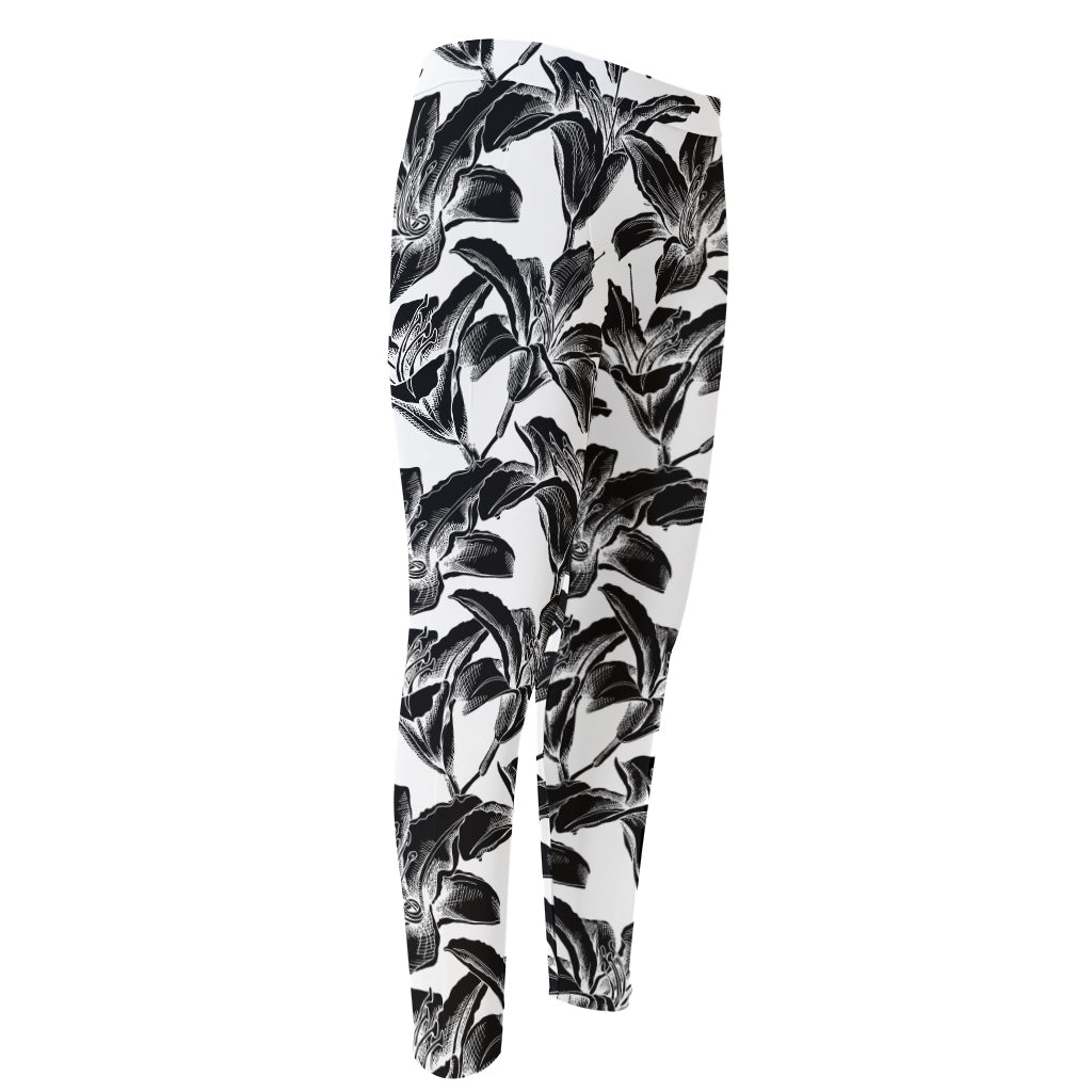 White And Black Lily Pattern Print Men's Compression Pants